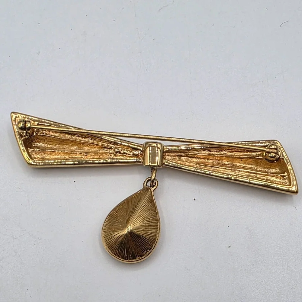 Monet‎ Gold Tone Bow Brooch with Teardrop Crystal Dangle Pin Vintage Signed
